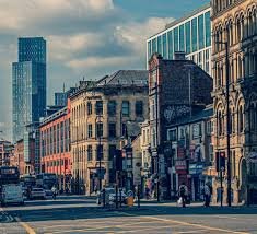 Busy urban street in Manchester, a growing hub for British IPTV providers.